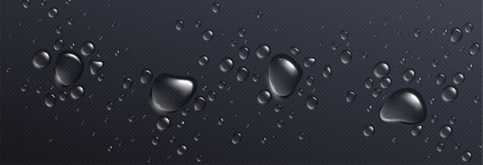 Water drops on transparent background. Vector realistic illustration of wet window or wall surface covered with rain droplets, aqua spray overlay effect, cosmetic serum blobs texture, condensation