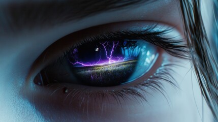 A close-up of a captivating eye reflecting vivid lightning, showcasing a blend of art and nature in striking detail.