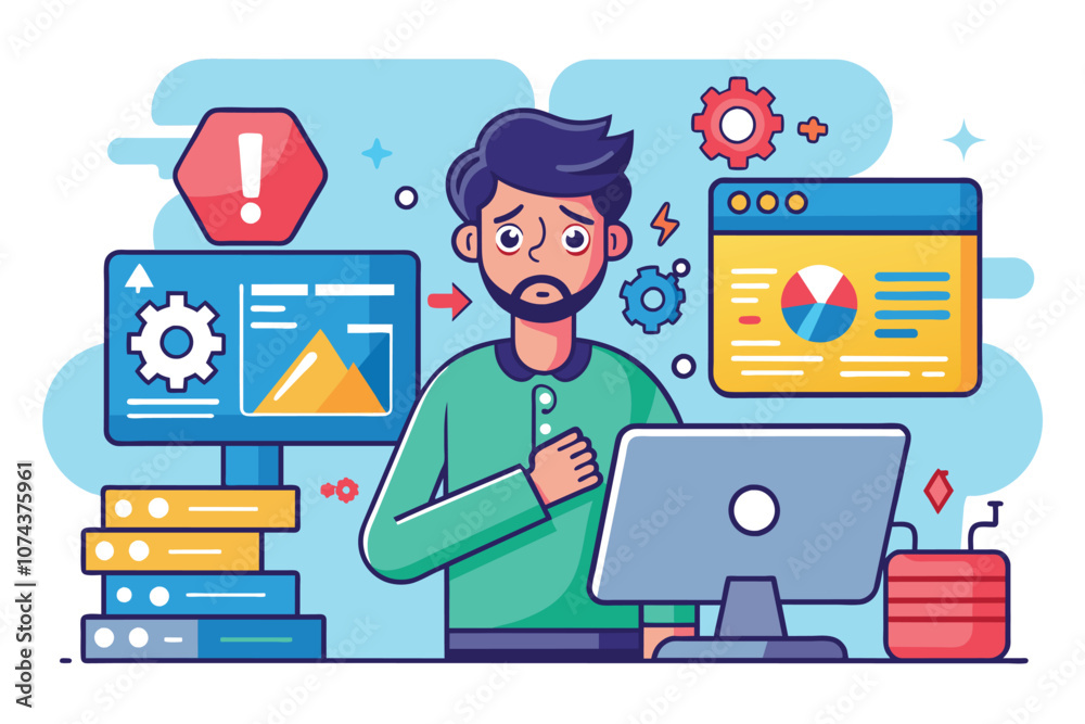Poster a man appears anxious while addressing a system error on his computer in a bright workspace, man has