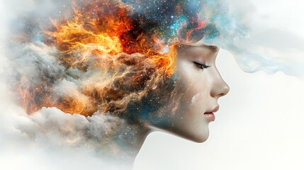 Fototapeta premium A stunning digital artwork showcasing a captivating fantasy portrait of a woman, layered with vibrant colors and intricate abstract patterns reminiscent of a cosmic nebula