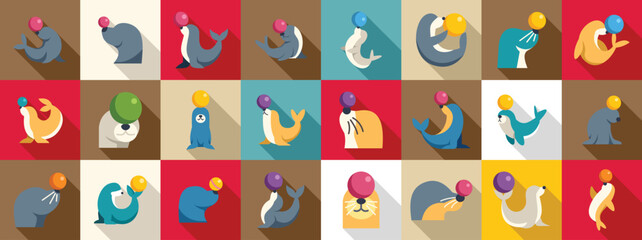 Seal holds ball icons set. Circus seal balancing colorful balls on its nose in various poses, flat vector illustration icon set