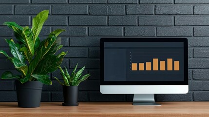 Modern workspace with computer screen displaying data and potted plants.