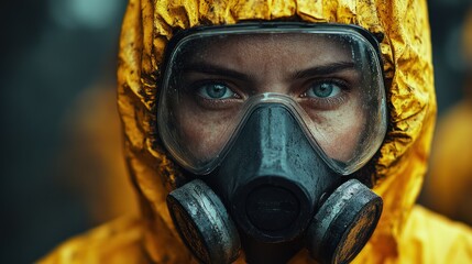 Fototapeta premium Woman in a yellow hazmat suit, wearing a gas mask, with intense blue eyes looking directly at the camera.