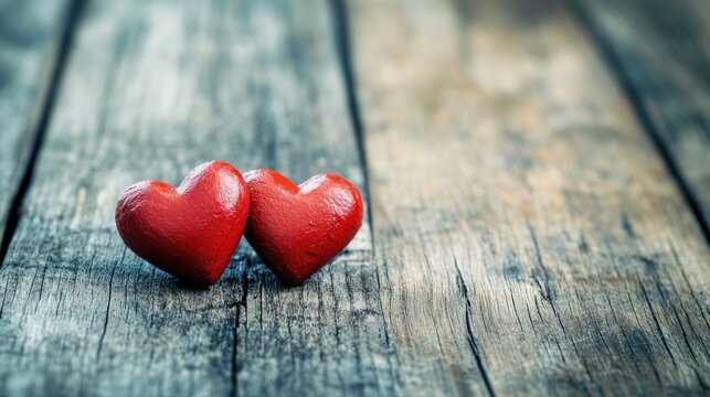 Valentine's background with two red hearts on rustic wood for romantic themes.