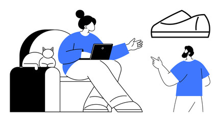 Woman working on laptop and discussing with male colleague about a prototype. Cat lounging on sofa. Ideal for teamwork, remote work, design, innovation, technology, collaboration, creative