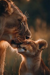 Fototapeta premium Tender moment between lion and cub.