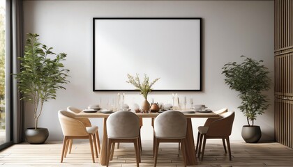 Fototapeta premium A modern dining room with a large blank frame, wooden table, and stylish chairs, complemented by greenery and natural light.