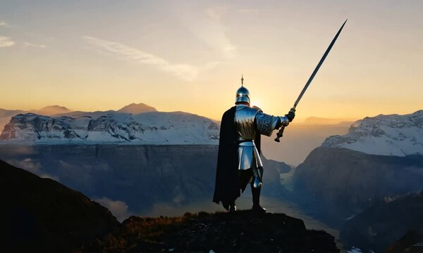 Knight in shining armor, raising a sword. War scene. Generative AI