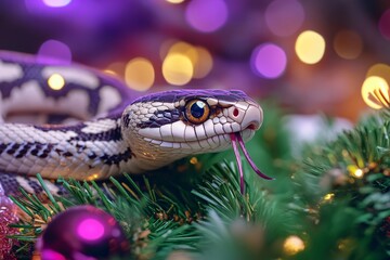 Fototapeta premium A stylized snake in Chinese traditional decor on a holiday background, symbolizes the Chinese New Year