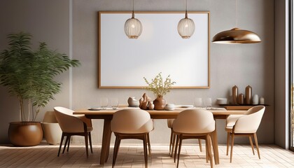 Fototapeta premium A modern dining room featuring a large wooden table, stylish chairs, hanging lights, and decorative elements against a textured wall.