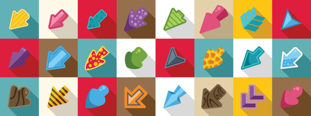 Game ui arrow icons set. Set of colorful arrows with different textures and shapes, pointing up, down, left and right, with long shadows on a multicolored background