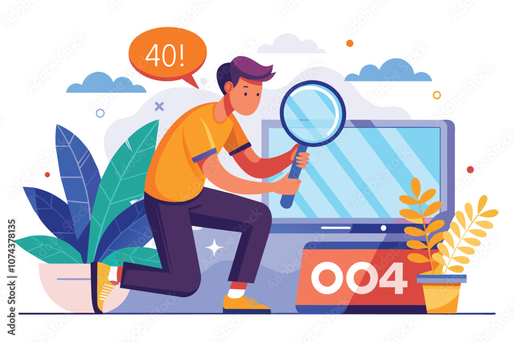 Wall mural a man looks for an error page not found while crouching, holding a magnifying glass near a computer 