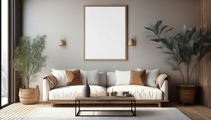 A serene living room featuring a cozy sofa, wooden coffee table, and lush plants, perfect for relaxation and style.