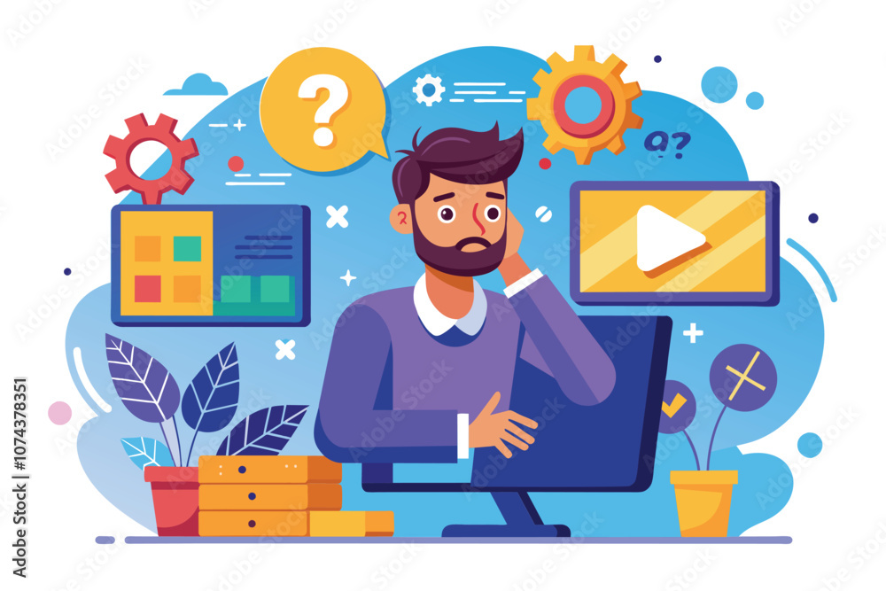 Poster a man is focused on resolving computer errors, surrounded by digital tools and vibrant graphics, man