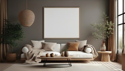 A cozy living room featuring a neutral palette, a minimalist couch, a warm pendant light, and plants, creating a serene and inviting atmosphere.