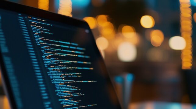 Laptop with Code in Blue on Dark Screen