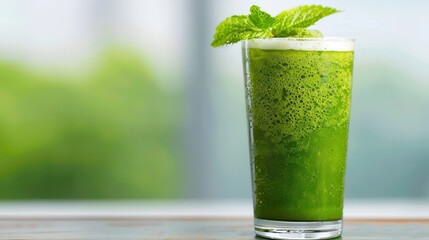 Organic matcha dessert. A refreshing green smoothie filled with nutrients, topped with mint leaves, served in a tall glass, ideal for healthy living and wellness.