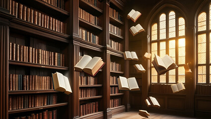 Vintage Library with Floating Books