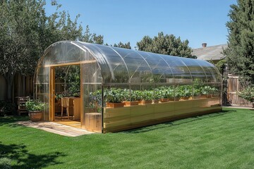Naklejka premium A greenhouse with plants growing inside. The greenhouse is a great way to extend the growing season and protect plants from the elements.