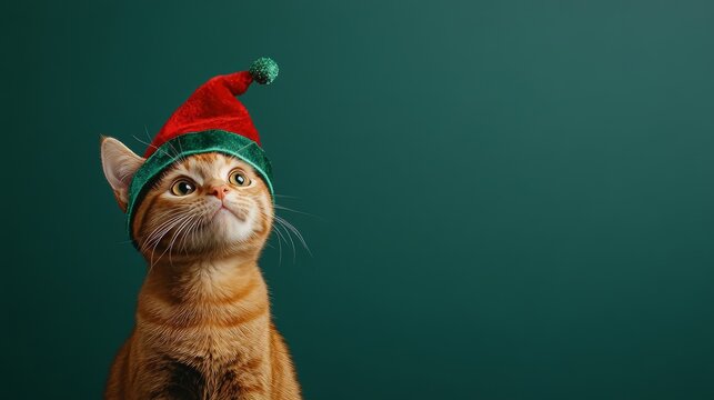 cat dressed as an elf on green background