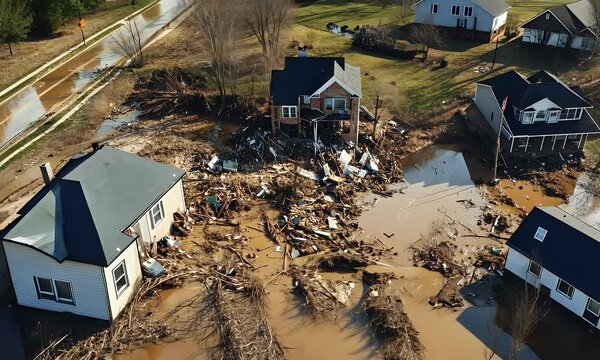 Aerial view of a flooded area with damaged homes and debris scattered around.