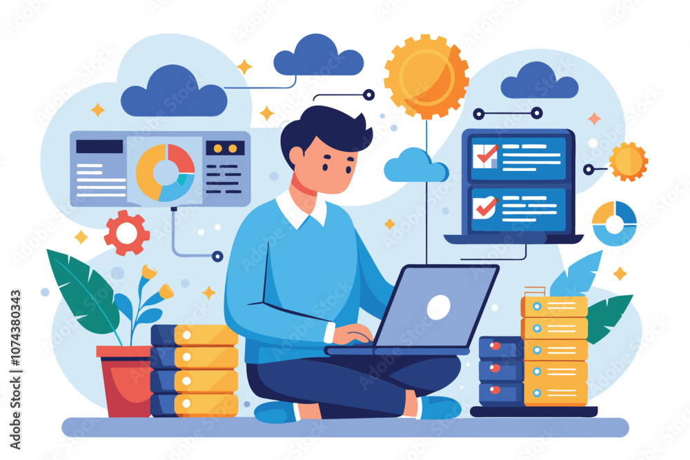 Poster a man sits on the floor using a laptop to sync large amounts of data while surrounded by visual data