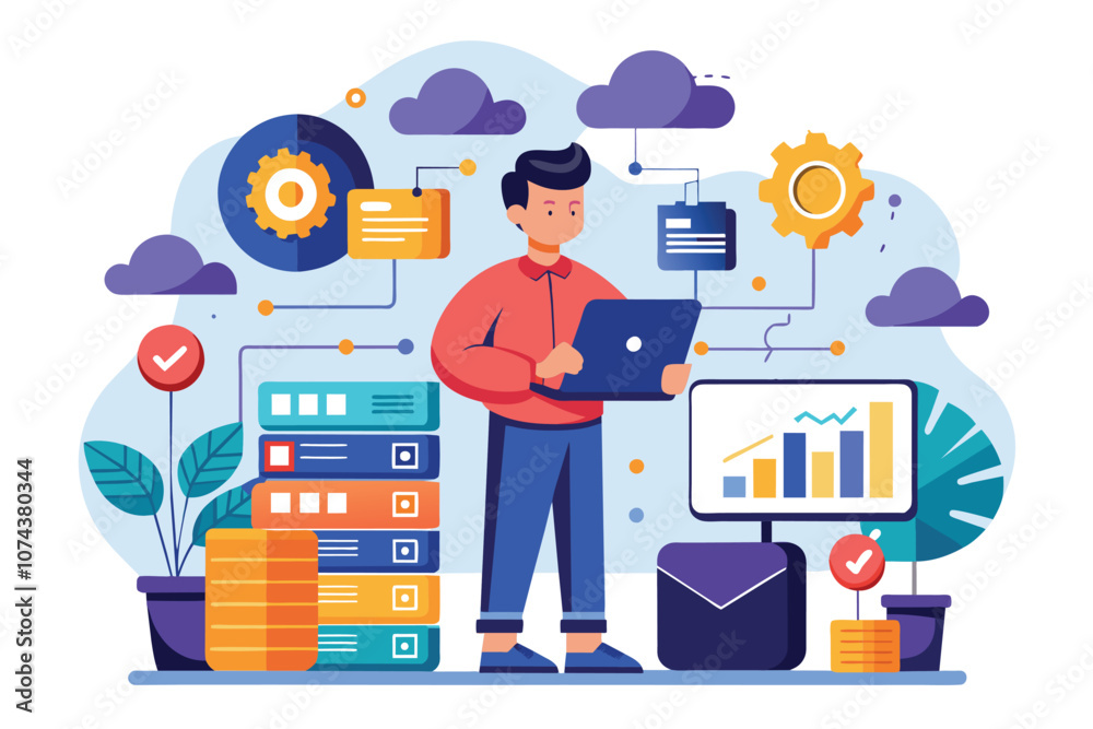 Poster a man is engaging in cloud data synchronization, actively monitoring performance metrics on his devi