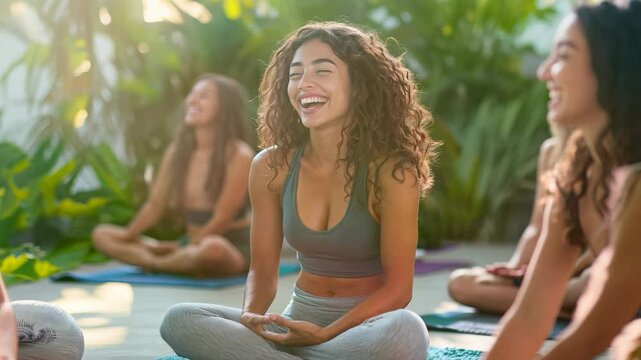 A group of happy young women share laughter and joy after their yoga class, surrounded by lush greenery and a peaceful atmosphere that enhances their bond and tranquility.