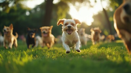 Happy dogs playfully run through a sunlit park