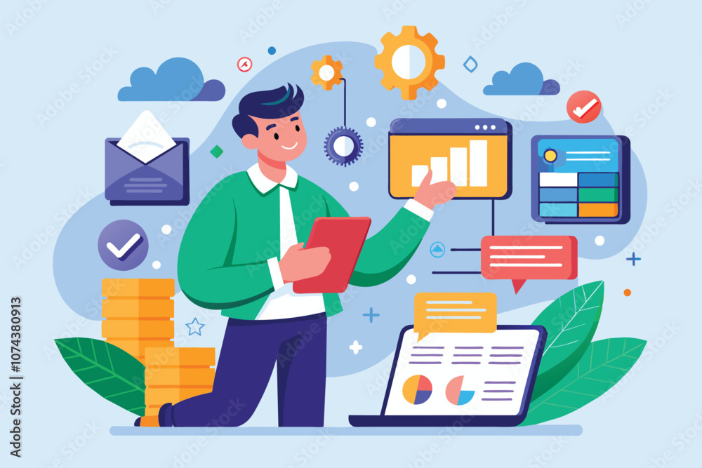 Poster a man stands and holds a tablet as he uploads data with visual graphs and icons in a colorful worksp