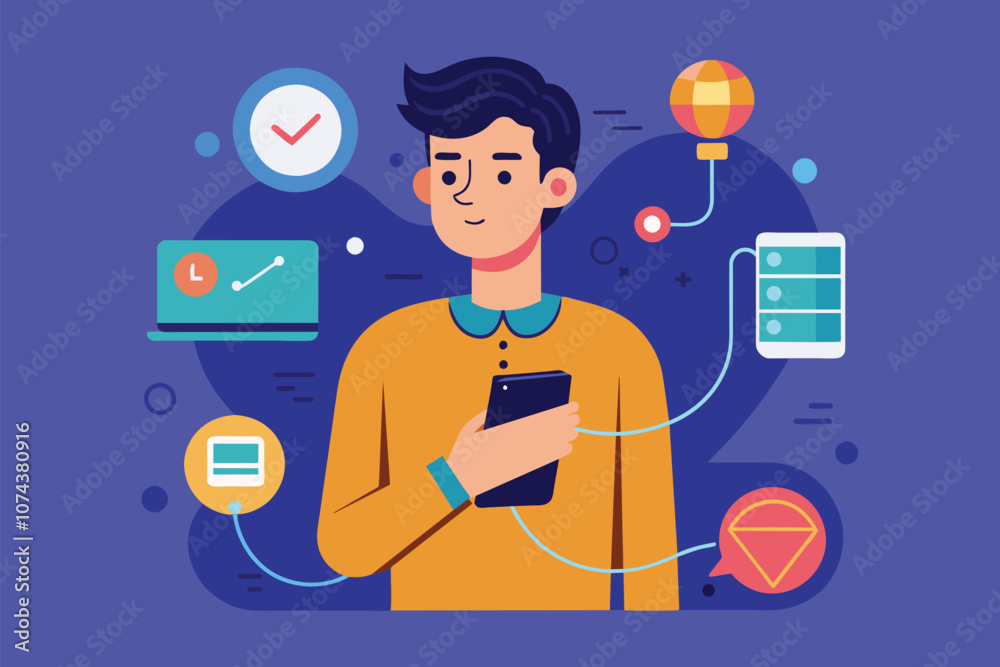 Poster a man is synchronizing data on his smartphone, managing tasks and schedules in a digital environment