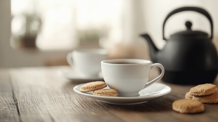 Warm and inviting scene featuring a cup of tea, biscuits, and a kettle, perfect for cozy moments and relaxation.