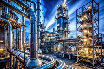 Nighttime macro photography captures illuminated petrochemical factory equipment, pipes, and infrastructure, providing captivating insights into energy and chemical manufacturing processes and their i