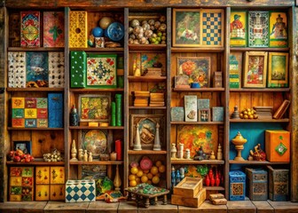 Fototapeta premium Nostalgic Shelf of Vintage Board Games and Puzzles for Documentary Photography