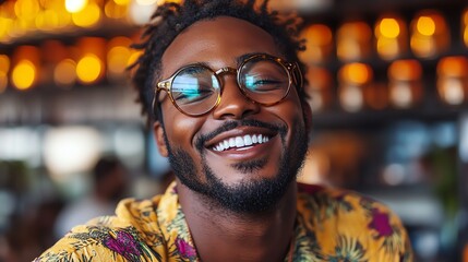 Obraz premium Cheerful man with glasses smiling warmly against a blurred background.