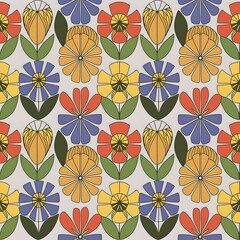 Naklejka premium Seamless Flower Wallpaper Pattern in Red, Blue, Yellow, and Green