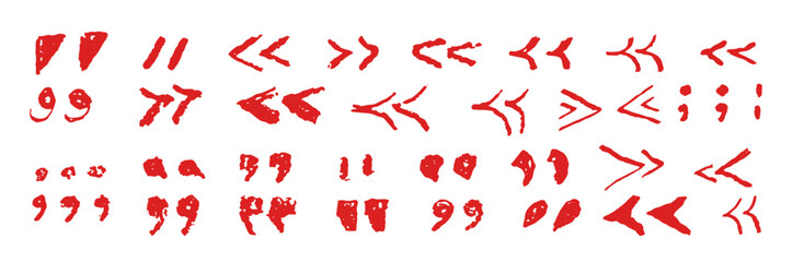 Set of quotation marks symbols. Red crayon handwritten text signs. Collection of icons for quoting statements, direct speech in speech bubble. Vector sketch or graffiti style of punctuation marks
