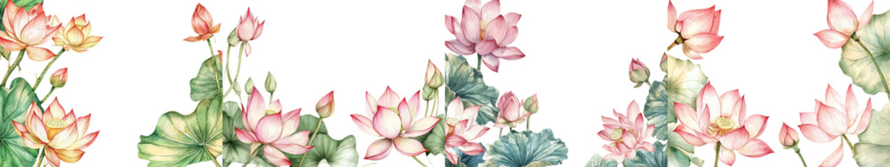 Obraz premium Elegant Corner Frame Composed of Beautiful Indian Lotus Flowers and Green Leaves Floating in the Water Peaceful and Tranquil Floral Arrangement with Botanical Elements