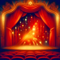 Fototapeta premium a dimly lit stage with bright red, velvet curtains. The image is in an abstract, Belgian surrealist style and has bright, festive colors.