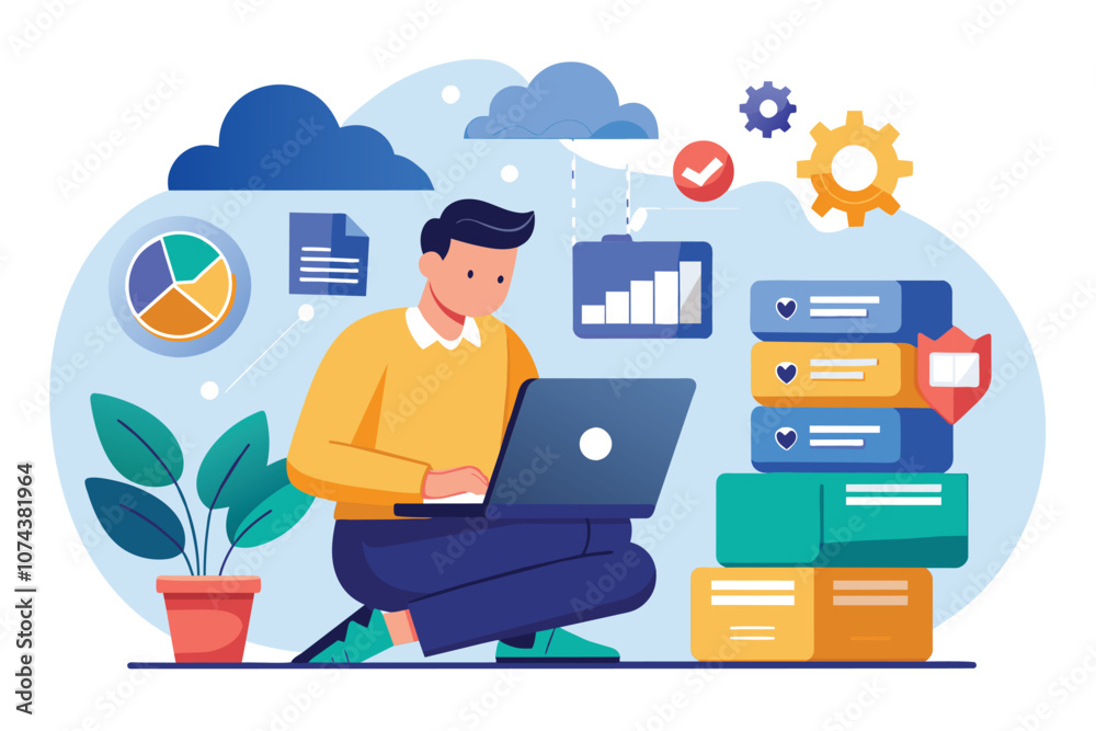 Poster a man is focused on managing cloud data and database tasks on his laptop in a vibrant workspace sett