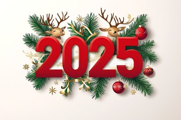 New Year reindeer Christmas background with holiday elements