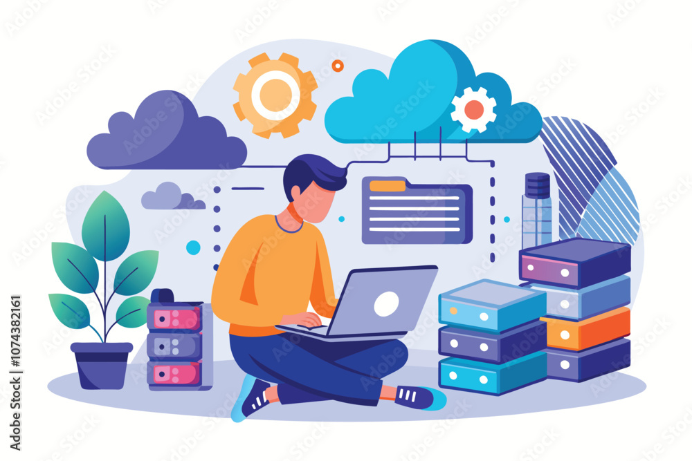Poster the man is focused on setting up a cloud database while surrounded by storage elements and tools man