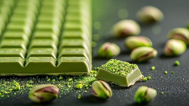 Chocolate bar close-up, Dubai luxury dessert, green kadayif, rich pistachio spread, whole pistachios, detailed gourmet texture