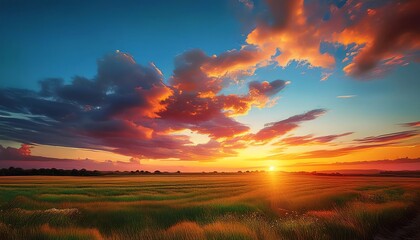 Obraz premium Description A breathtaking sunset casts vibrant colors across a field, with dramatic clouds framing the horizon and the sun glowing warmly.
