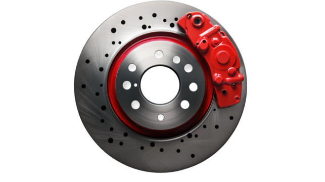 Car brake disc and red calipers isolated on white background. 