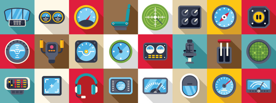 Airplane cockpit icons set. Colorful flat design icons of airplane cockpit instruments, controls, and pilot interface elements, providing essential flight data and navigation tools