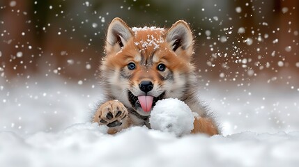Obraz premium A young wolf pup with soft, fluffy fur playfully rolling around in a blanket of fresh white snow, its eyes gleaming with mischief and joy as it sticks out its tongue to catch snowflakes.