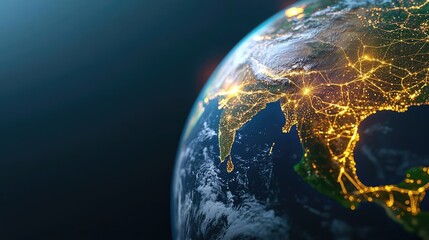 Earth view from space with illuminated cities and natural features, dark background.