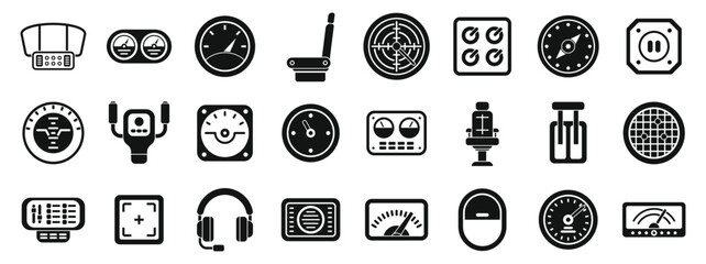 Airplane cockpit icons set. Set of simple black icons representing various instruments and controls found in an aircraft cockpit, ideal for aviation related projects