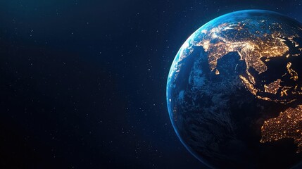 Obraz premium Earth view from space illuminated by city lights against a dark background.
